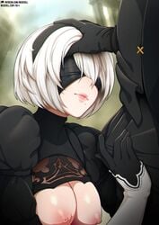 1boy black_blindfold black_clothes black_dress black_gloves black_headband black_pants black_sleeves blindfold breast_cutout breasts covered_eyes dress female gloves hand_on_another's_head hands_on_penis headband large_breasts lips mole mole_under_mouth neocoill nier:_automata nier_(series) nipples outdoors pants short_hair squatting standing turtleneck watermark web_address white_hair yorha_2b yorha_9s