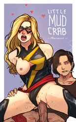 1boy 1girls black_hair blonde_hair blue_eyes bottomless carol_danvers cowgirl_position erection female heart lactation leotard leotard_aside lipstick lipstick_mark lipstick_on_balls lipstick_on_penis littlemudcrab long_hair male marvel marvel_comics ms._marvel ms._marvel_(carol_danvers) one_breast_out open_mouth penis pussy_juice red_lipstick reverse_cowgirl_position saliva_trail sex smoking squirting straight superheroine tears torn_bodysuit torn_clothes vaginal_penetration