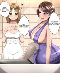 2girls big_breasts blonde_hair breast_expansion breasts bride brown_hair busty curvaceous curvy curvy_body curvy_female curvy_figure english english_text female huge_breasts large_breasts mole mole_under_mouth multiple_girls original original_character text toui voluptuous