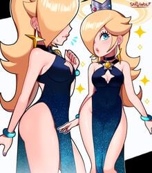 1girls 2021 black_dress blonde_hair blue_eyes bracelet cleavage cleavage_cutout clothed clothing crown dress earrings female female_only hair_over_one_eye jewelry long_hair mario_(series) nail_polish nintendo princess_rosalina purple_nails sarukaiwolf shiny_hair shiny_skin silver_crown solo space standing star_earrings starry_night_dress_(sarukaiwolf) super_mario_galaxy thighs