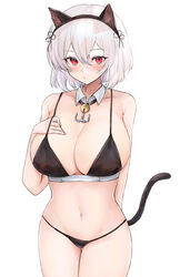 absurdres anchor_symbol animal_ears azur_lane bikini black_bikini breasts cat_ears cat_tail collar doinaka fake_animal_ears female hair_between_eyes hairband hand_on_own_chest highres large_breasts red_eyes short_hair simple_background sirius_(azur_lane) solo swimsuit tail white_background white_collar white_hair