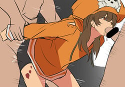 1girls auburn_eyes brown_eyes brown_hair censored double_penetration drooling female guilty_gear guilty_gear_strive may_(guilty_gear) sex spit spitroast