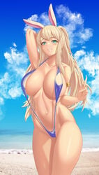 1girls 2021 animal_ears arm_up armpit belly big_breasts blonde_hair breasts cleavage clouds collarbone covered_nipples dungeon_and_fighter dungeon_fighter_online epko eyebrows eyelashes female female_focus female_only huge_breasts long_hair looking_at_viewer navel peace_sign sky sling_bikini slingshot slingshot_swimsuit smile smiling solo solo_female solo_focus standing swimsuit swimwear thick_thighs thighs turquoise_eyes v v_sign