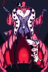 2boys 4_arms abs angel_dust_(hazbin_hotel) balls big_penis blush bottomless cane chest_hair chest_tuft cigarette coat collar demon erect_penis erection flaccid gay hand_on_head hands_on_legs hazbin_hotel kneeling leash leash_and_collar leash_pull licking licking_lips looking_at_viewer looking_up male male_only multi_arm multi_limb muscular naked nude on_knees pecs penis precum pubic_hair purple_skin shades sharp_teeth sleazy_bear smile smiling smoke smoking spider standing thighhighs thighs tongue tongue_out valentino_(hazbin_hotel) white_fur white_hair