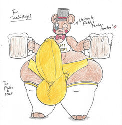 balls balls_under_clothes bear beer big_balls big_penis black_nose blank_background blue_eyes bow_tie bowtie brown_body clothed clothing english_text femboy five_nights_at_freddy's five_nights_at_freddy's_2 headgear headwear hi_res holding_beer hooters_uniform male_only one_eye_closed penis penis_under_clothes smile smiling smiling_at_viewer standing strawberry_cream_goodra text thick_ass thick_penis thick_thighs top_hat toy_freddy_(fnaf) truebladedge1 video_games