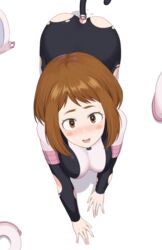 all_fours anal anal_object_insertion anal_tail ass bangs blush blush_stickers bodysuit breasts brown_eyes brown_hair buttplug_tail commentary_request fake_tail female haeil2 highres looking_at_viewer looking_up my_hero_academia object_insertion ochako_uraraka open_mouth sex_toy shiny shiny_hair shounen_jump solo tail tongue torn_bodysuit torn_clothes white_background