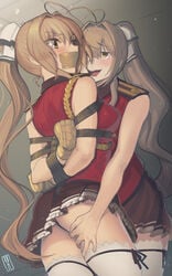 2girls amagi_brilliant_park arms_behind_back ass blush bondage bound bound_arms cad crotch_rope doppelganger female female_only femdom femsub forced_yuri gag gagged hand_on_ass kaddo long_hair multiple_girls restrained rope rope_bondage sento_isuzu skirt tagme tape tape_gag taped_mouth tied_up yuri