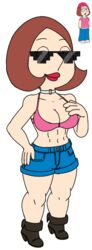 1girls abs alternate_breast_size ankle_boots beanie bikini_top_only bra breasts brown_hair choker cleavage deal_with_it denim_shorts diklonius edit family_guy female female_focus female_only fit_female full_body glasses hand_on_hip huge_breasts jean_shorts jeans light_smile medium_breasts meg_griffin midriff parted_bangs pink_shirt pixel_glasses pixel_sunglasses reference_inset short_hair shorts simple_background standing sunglasses t-shirt toned_female white_background