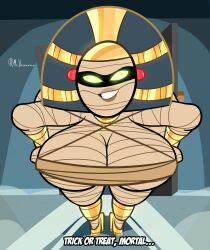 big_breasts breast_focus close-up clothed clothing dreamworks female_mummy gold_(metal) green_eyes hotel_transylvania looking_at_viewer mr_valentine00 mummy mummy_girl smile smiley_face text thick_legs thick_thighs