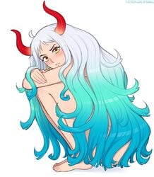 1girls afrobull bad_censor big_breasts blue_hair breasts brown_eyes covering crouching curvy demon ear_piercing earrings female female_focus female_only gradient_hair green_hair hi_res highres hoop_earrings horn horned_humanoid horns humanoid inferior_version light-skinned_female light_skin long_hair multicolored_hair nude one_piece oni oni_horns shounen_jump simple_background solo two_tone_hair white_background white_hair wide_hips yamato_(one_piece) youkai