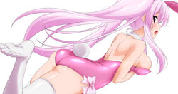 absurdres animal_ears ass back bare_shoulders blush breasts bunny_ears bunny_tail detached_collar female from_behind highres leotard long_hair looking_at_viewer looking_back no_shoes open_mouth original pink_hair pink_theme playboy_bunny red_eyes sideboob simple_background solo sugimura_tomokazu tail thighhighs twintails very_long_hair