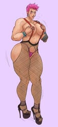 2d abs big_breasts blizzard_entertainment blush breasts clenched_teeth color_edit earrings edit female fishnets high_heels huge_ass huge_breasts moaning muscular_female open_toe_shoes orangekissess overwatch pink_hair scar scar_across_eye short_hair solo sweat thick_thighs wide_hips zarya