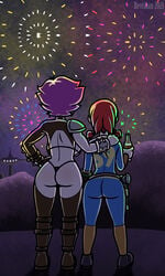 2girls 69_(number) bare_ass bethesda_softworks big_butt cignis_strom_(revtilian) clothing computer duo electronics exposed_ass exposed_butt fallout firearm fireworks flare_(revtilian) gun hand_on_shoulder handgun holstered_weapon jumpsuit nuka-cola obsidian_entertainment pink_hair pip-boy pistol red_hair revealing_clothes revolver revtilian vault_69 vault_dweller vault_girl vault_suit weapon wristwear