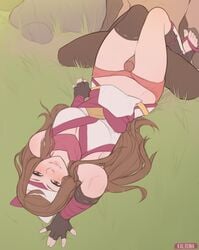 1girls alternate_costume bare_thighs blush brown_eyes brown_hair cleavage feet fire_emblem fire_emblem_fates fire_emblem_heroes hana_(fire_emblem) kalruna long_hair medium_breasts ninja nintendo on_back outside pelvic_curtain sandals shorts smile thigh_sex thighs upside-down