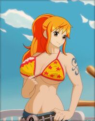 1girls animated areolae bangs bare_shoulders belt big_breasts bikini_top bouncing_breasts breasts breasts_out cleavage clothes_pull clothing collarbone eyelashes female female_focus female_only hips human jeans large_breasts long_hair looking_at_viewer midriff nami navel nipples no_sound one_piece orange_eyes orange_hair outside ponytail post-timeskip scrabble007 sideboob smile solo solo_female source_request tagme tattoo teasing tied_hair underboob video voluptuous webm