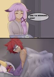 are_ya_winning_son blush caught caught_in_the_act english_text female funny humor league_of_legends male meme sett sett's_mom soraka spiritof2281 straight text