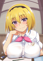 07th_expansion 1girls alternate_breast_size aoi_manabu big_breasts blonde_hair breasts breasts_focus breasts_on_table closed_fist_supported_on_the_cheek female female_focus female_only higurashi_no_naku_koro_ni higurashi_no_naku_koro_ni_gou houjou_satoko huge_breasts large_breasts lascivious purple_eyes school_uniform schoolgirl seductive seductive_smile sitting_on_chair smiling smiling_at_viewer sweating sweaty sweaty_body sweaty_clothes table wet_clothes