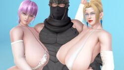 1boy 2girls 3d alternate_breast_size arm_grab ass ayane_(doa) big_ass big_breasts black_eyeshadow blonde_hair blue_eyes breasts breasts_bigger_than_head busty dead_or_alive glasses hanging_breasts honey_select hourglass_figure huge_ass huge_breasts kunoichi large_breasts light-skinned_female light_skin long_breasts love_handles male mascara mature_female ninja ninja_gaiden pose posing purple_hair rachel_(ninja_gaiden) red_eyes red_lipstick ryu_hayabusa sling_bikini tecmo thethiccart thick_thighs thighs venus_body voluptuous wide_hips