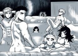 7boys artist_request bath bathing completely_nude demon_slayer flaccid himejima_gyomei iguro_obanai kaburamaru kimetsu_no_yaiba looking_at_viewer looking_back male male_only monochrome muichiro_tokitou multiple_boys muscular muscular_male nude onsen parody penis reclining rengoku_kyoujurou sanemi_shinazugawa scars standing steam thick_eyebrows tomioka_giyuu uzui_tengen