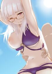 1boy alternate_costume armpits bangs bikini blue_sky blunt_bangs breasts doggy_style dutch_angle faceless faceless_male female from_below glasses heidimarie_w._schnaufer highres large_breasts long_hair motsunukisuki navel nipples one_breast_out one_eye_closed purple_bikini red_eyes semi-rimless_eyewear sex sex_from_behind sketch sky solo_focus straight strike_witches swimsuit white_hair world_witches_series