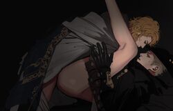 2boys alfred_(bloodborne) anal anal_sex blonde bloodborne bottomless clothed_sex clothing fromsoftware gay hunter_(bloodborne) implied_anal implied_sex legs_up male_only pants_down sweatdrop yaoi