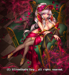 1girls bar_censor bat_wings breasts cleavage company_name couch curly_hair fangs female flower full_body grey_hair gyakushuu_no_fantasica hair_ornament high_heels highres huge_breasts jewelry long_hair looking_at_viewer nail_polish necklace no_panties official_art open_mouth petals pink_eyes pointy_ears ponytail ryuki@maguro-ex sitting solo thighhighs vampire wings