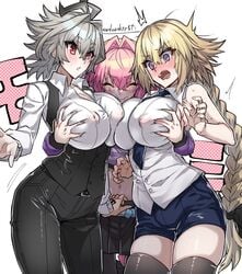 1boy 2021 2girls :o @_@ ahoge artist_name astolfo_(fate) bare_arms bare_shoulders belt blonde_hair blue_eyes blush bow breast_grab breast_squish breasts cleavage closed_eyes clothed clothing covered_nipples crop_top crossdressing double_breast_grab embarrassed erect_nipples erect_nipples_under_clothes eyebrows_visible_through_hair face_to_breasts fate/apocrypha fate_(series) female femboy femboy_on_female genderswap_(mtf) grabbing_from_behind hair_between_eyes hair_ribbon haoro highres jeanne_d'arc_(fate) large_breasts long_hair long_ponytail male midriff multiple_boys navel necktie necktie_between_breasts open_mouth pants pink_hair pleated_skirt ponytail red_eyes ribbon rule_63 shirt short_hair shorts sieg_(fate/apocrypha) signature silver_hair simple_background single_braid skirt sleeveless smaller_male smile sound_effects standing surprised sweat teeth thick_thighs thighhighs thighs tied_hair tight_clothing tongue trap twitter_username very_long_hair wavy_mouth white_background zettai_ryouiki