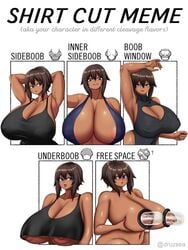 1girls armpits arms_up big_breasts blue_eyes breasts brown_hair dark-skinned_female dark_skin erect_nipples erect_nipples_under_clothes huge_breasts lactation milking milking_machine mk001black nipples original original_character reese_(mk001black) shirt_cut_meme swimsuit swimwear wide_hips