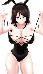 black_clothing blush breasts brown_hair bunny_ears bunnysuit cleavage dark_hair girls_und_panzer large_breasts nonna seductive_smile thighs tongue_out