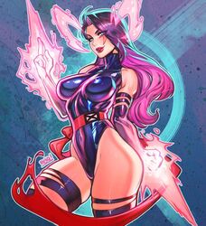 arm_strap ass betsy_braddock blue_arm_strap blue_elbow_gloves blue_leotard blue_thigh_strap blue_thighhighs blue_thong_leotard cleavage elbow_gloves elizabeth_braddock energy energy_blade latex_leotard long_hair long_purple_hair marvel ninja psylocke purple_hair red_lipstick red_sash reiq revealing_clothes sash scar_across_eye shiny_clothes sleeveless smile standing thigh_strap thighhighs thong_leotard tight_clothing toned_female turquoise_eyes wide_hips x-men