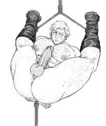 alfred_(bloodborne) anus balls big_ass big_nipples bloodborne blush body_hair bondage boots erection fromsoftware hamfoot1 legs_held_open legs_up male_only monochrome penis restrained sideburns solo suspension thick_thighs uncensored