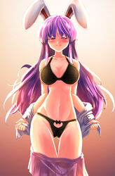 animal_ears black_bra black_panties blush bow_panties bra breasts bunny_ears cleavage large_breasts lingerie navel panties purple_hair red_eyes reisen_udongein_inaba skirt skirt_down standing sunnysideup sunyup_(artist) tagme touhou undressing