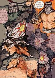 2boys anal_sex armor body_hair dark_souls english_text fromsoftware gay helmet knight male male_only male_pubic_hair multiple_scenes penis penis_out ripped_clothing solaire_of_astora solo_focus sword text topless topless_male torn_clothes uncensored weapon yaoi