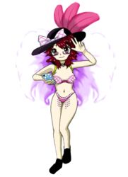 2husamba breasts cellphone edit feathers female green_bikini hat jewelry medium_breasts official_art pearl_(gem) pink_bikini red_glasses revealing_clothes samba sumireko_usami touhou zun_(jun'ya_ota)