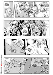 2boys 2girls 4koma bbadogg black_and_white breasts clitoris_piercing comic cunnilingus dark-skinned_female dialogue doujinshi eating_pussy english_text female femdom group_sex hawks_(my_hero_academia) hero_outfit_(mha) katsuki_bakugou keigo_takami licking_pussy line_art manga my_hero_academia nipple_piercing nipple_play oral phone piercing pinching_nipples pussy pussy_piercing shading simple speech_bubble spiky_hair wings