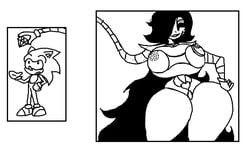 1boy 1girls 5_fingers big_breasts black_hair breasts chaos_emerald hand_on_hip long_hair mettaton mettaton_ex nipples pussy robot robot_girl rule_63 sonic_(series) sonic_the_hedgehog stealing the_absolute thick_thighs thighs undertake undertale