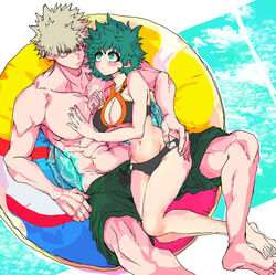 1boy 1girls adult_swim big_breasts bikini blonde_hair blush boots cleavage female female_deku genderswap_(mtf) green_hair hand_on_chest hand_on_hip izuku_midoriya katsuki_bakugou large_breasts laying_on_person looking_at_breasts looking_at_partner lying_on_person male male/female muscular my_hero_academia on_lap rule_63 sitting_on_lap spiky_hair straight summer swim_ring swimsuit toonami