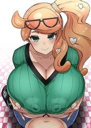 1boy 1girls alternate_breast_size big_breasts breasts censor_bar censored covered_paizuri engulfing_paizuri eye_contact eyewear_on_head huge_breasts large_breasts long_hair looking_at_viewer nintendo nipple_bulge orange_hair paizuri penis pokemon pokemon_ss side_ponytail sonia_(pokemon) straight sweater uc voluptuous