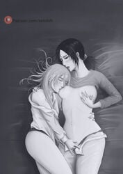 2girls attack_on_titan bare_shoulders breast_sucking breasts christa_lenz closed_eyes clothing cuddling female/female female_only fingering fingering_partner historia_reiss lesbian_sex lying_on_back moaning multiple_girls one_eye_closed open_clothes open_pants panties sendoh shirt_lift vulva_handjob ymir_(shingeki_no_kyojin) yuri