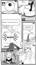 !? 1boy 1girls abyss4world anal anal_vore armwear ass big_ass big_breasts breasts comic dialogue english_text female giantess gigantic_ass hair huge_ass hyper hyper_ass large_ass male massive_ass monochrome original_character panties pawg pussy smothering speech_bubble text text_bubble thick_thighs thighhighs vore