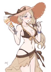 1girls absurdres alternate_costume bikini black_bikini black_bow blue_eyes blush bow breasts brown_bikini brown_swimsuit commentary cowboy_shot da-cart female fire_emblem fire_emblem:_three_houses fire_emblem_heroes food front-tie_bikini front-tie_top hairbow hand_up hat hat_bow highres holding holding_spoon ice_cream long_hair medium_breasts mercedes_von_martritz mercedes_von_martritz_(summer) navel nintendo open_mouth sarong see-through silver_hair simple_background solo spoon standing stomach sun_hat sundae swimsuit white_background work_in_progress