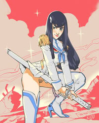 1girls accidental_exposure black_hair colored dress exposed_pussy fully_clothed high_heel_boots high_heels junketsu katana kill_la_kill kiryuuin_satsuki long_hair no_panties pubic_hair pussy skirt_lift solo solo_female uniform upskirt vulva wintonkidd