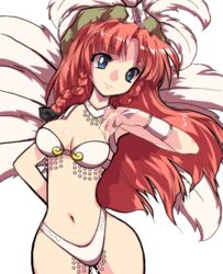 2husamba alphes blue_eyes boots edit feathers female hong_meiling jewelry medium_breasts navel official_art pearl_(gem) red_hair revealing_clothes samba touhou white_bikini