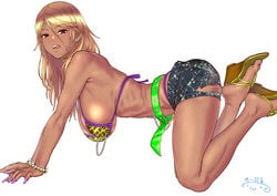 athletic athletic_female bare_legs bare_midriff big_breasts blonde_hair bracelet brown_eyes busty cleavage earrings female female_focus female_only gyaru hanging_breasts hourglass_figure idolmaster izumi_mei large_breasts long_fingernails long_hair nail_polish navel navel_piercing nipple_chain on_all_fours piercing pose posing sandals short_shorts silver_nipple_chain skimpy skimpy_clothes solo suna tagme tan tongue_piercing underboob wide_hips