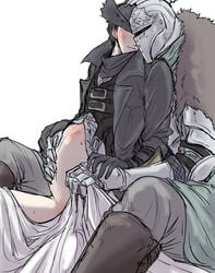 2boys armor bearer_of_the_curse belly_hold bloodborne clothing crack_pairing crossover dark_souls dark_souls_2 fromsoftware gay hand_on_another's_stomach helmet holding_belly hunter_(bloodborne) knight male_only male_pregnancy pregnant yaoi zinny