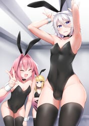 2021 3boys absurd_res animal_ears armpits arms_up astolfo_(fate) bare_shoulders black_hairband black_leotard blonde_hair blue_eyes bulge bunny_boy bunny_ears bunny_pose bunnysuit chevalier_d'eon_(fate) choker closed_eyes clothing covered_navel crossdressing embarrassed eyebrows_visible_through_hair fake_animal_ears fangs fate/apocrypha fate/grand_order fate_(series) femboy gao_changgong_(fate) hair_between_eyes hairband hand_on_thigh highlights highres indoors kitajima_yuuki leaning_forward leotard long_hair long_ponytail looking_at_viewer looking_away male male_only multiple_boys nervous pink_hair ponytail short_hair silver_hair smile standing sweat sweatdrop thighhighs thighs tied_hair tongue v very_long_hair wavy_mouth white_highlights wrist_cuffs zettai_ryouiki