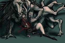 1girls 1monster ambiguous_penetration ayaswan beast_(bloodborne) blood bloodborne death decapitation equine female female_death fromsoftware gore guro head_removed high_heel_boots high_heels huge_cock interspecies ludwig_the_accursed monster multi_leg multi_limb nightmare_fuel sex straight