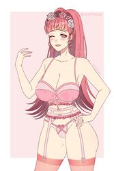 1girls ;d bangs bare_shoulders bride cleavage collarbone cryptid_crab earrings fire_emblem fire_emblem:_three_houses flower garter_belt grin hair_flower hilda_valentine_goneril large_breasts lingerie long_hair looking_at_viewer nintendo one_eye_closed panties pink_eyes pink_hair pink_panties ponytail ring seductive smile solo solo_female thighhighs thighs wedding_lingerie wedding_ring wink