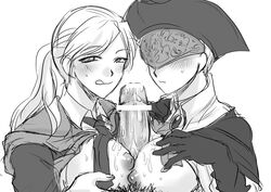 2girls big_breasts bloodborne blush boobjob breast_squeeze breasts_outside censored female fromsoftware hand_on_breast iosefka looking_at_viewer mask monochrome nipples paizuri penis pov sketch sweatdrop tongue yurie_the_last_scholar zinny