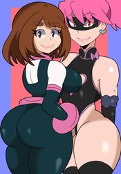 2girls ass big_ass big_breasts brown_eyes brown_hair curvy female haneyama_kazuho hero_outfit_(mha) lipstick looking_at_viewer my_hero_academia ochako_uraraka pink_hair pop_step red_eyes shingattai shounen_jump skimpy_clothes tagme thick_thighs vigilante:_my_hero_academia_illegals